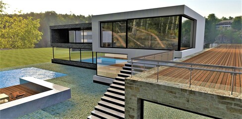 Outdoor terrace of a modern high-tech house. Metal glass fence. Downstairs is a swimming pool with lounge area and boardwalk. 3d render.