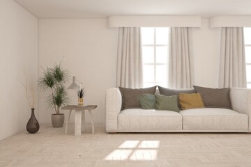 White living room with sofa. Scandinavian interior design. 3D illustration