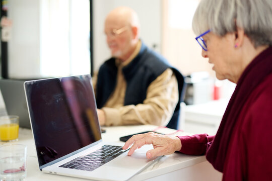 Pensioner using computer at daytime.