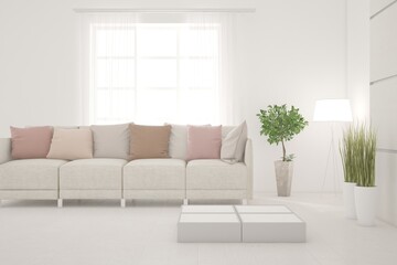Stylish room in white color with sofa. Scandinavian interior design. 3D illustration