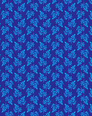 Decorative bicolor botanical pattern with light blue isolated falling leaves on a dark blue ground
