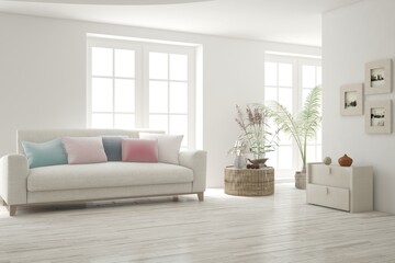 Modern living room in white color with sofa. Scandinavian interior design. 3D illustration