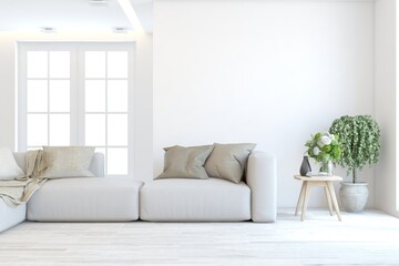 Fototapeta premium White living room with sofa. Scandinavian interior design. 3D illustration
