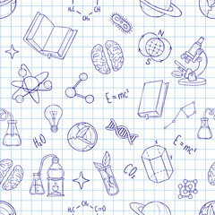 Vector sience semless pattern with school and academy supples. Repeat ornament with textured background. Doodle design by blue ball pen on notepad. Back to school pattern. Medicine and lab elements.