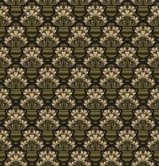 SWAMP GREEN SEAMLESS VECTOR BACKGROUND IN ART NOUVEAU STYLE WITH A BOUQUET OF BEIGE FLOWERS