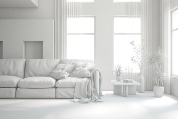 White minimalist living room with sofa. Scandinavian interior design. 3D illustration