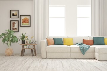 White living room with sofa. Scandinavian interior design. 3D illustration