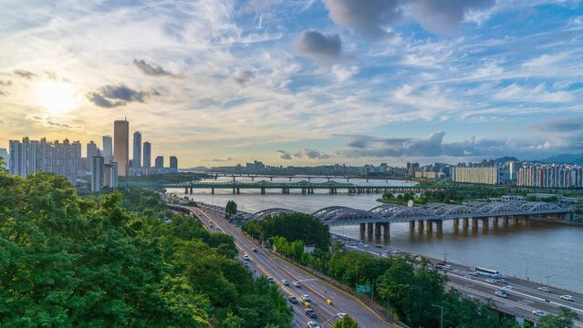 Time lapse 4k,Beautiful Sky at Yeouido with  han river in Seoul South Korea.