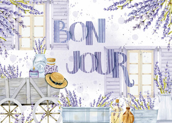Bonjour Provence watercolor background with lavender decoration and lettering  © Uli Prozorova