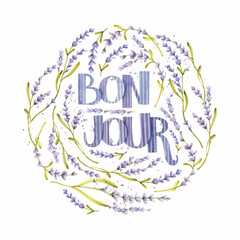 Lavender round illustration with bon jour lettering and lavender watercolor clipart  © Uli Prozorova