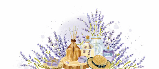 Watercolor floral banner with spa elements and lavender bouquets