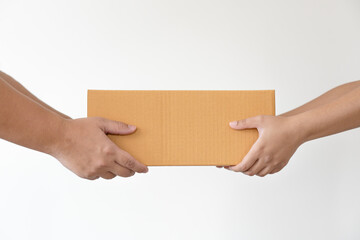 Postal service sending paper cardboard box to customer. Shipping service arrival and send to...