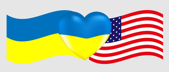 Vector drawing volume heart in the colors of the Ukrainian flag and flags of Ukraine and America