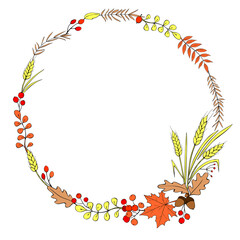 Vector wreath of autumn leaves in doodle flat style. Colorful illustration. Round frame, border. Theme is forest, happy fall, thanksgiving