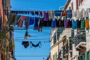 Venice Italy. 06-14-2022. Laundry that dries in Venice street. Italy.