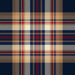 Blue, red and brown tartan plaid. Scottish pattern fabric swatch close-up.