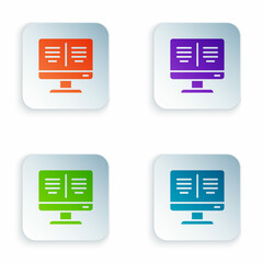 Color Online book on monitor icon isolated on white background. Internet education concept, e-learning resources. Set colorful icons in square buttons. Vector Illustration