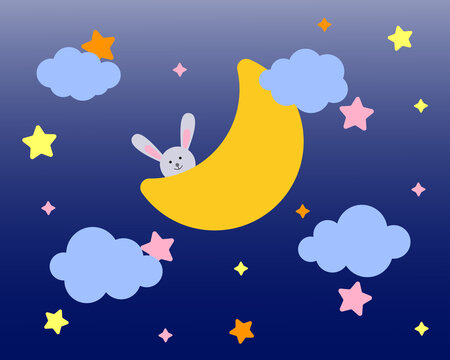 A cute hare is sitting on a crescent moon. Cartoon character for invitation, poster, print and greeting card.