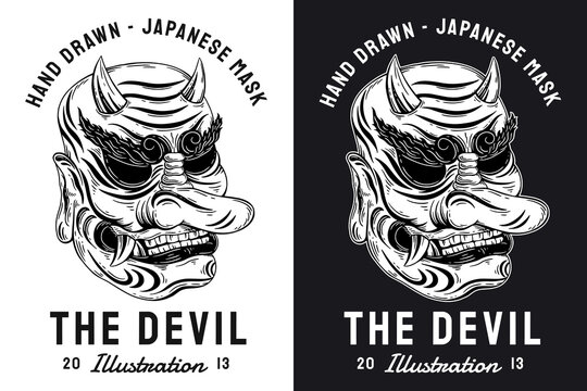 Set Skull Dark Art Japanese Mask Devil Demon Hand Drawn Engraving Style
