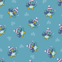 Cute Penguin Character with Winter Fashion Vector Seamless Pattern