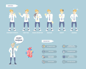 doctor and man with heart failure, attack disease, symptoms and prevention, medical internal organs anatomy, health care, world heart day concept, flat vector illustration cartoon design infographic