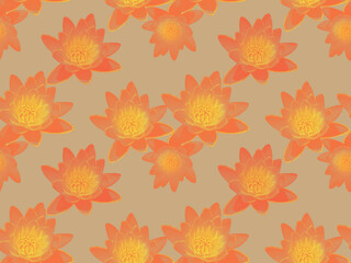 Seamless pattern with orange water lilies on a gray background.