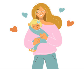 A mother holds her little daughter in her arms. A young woman hugs a child. Mother's Day greeting card template.Parent shows love and care vector isolated illustration. cartoon flat style.