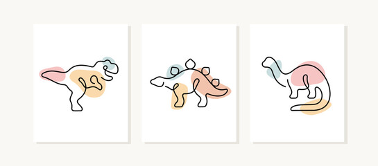 Dinosaurs one line posters. Tyrannosaurus, Stegosaurus, Brontosaurus artistic illustrations.