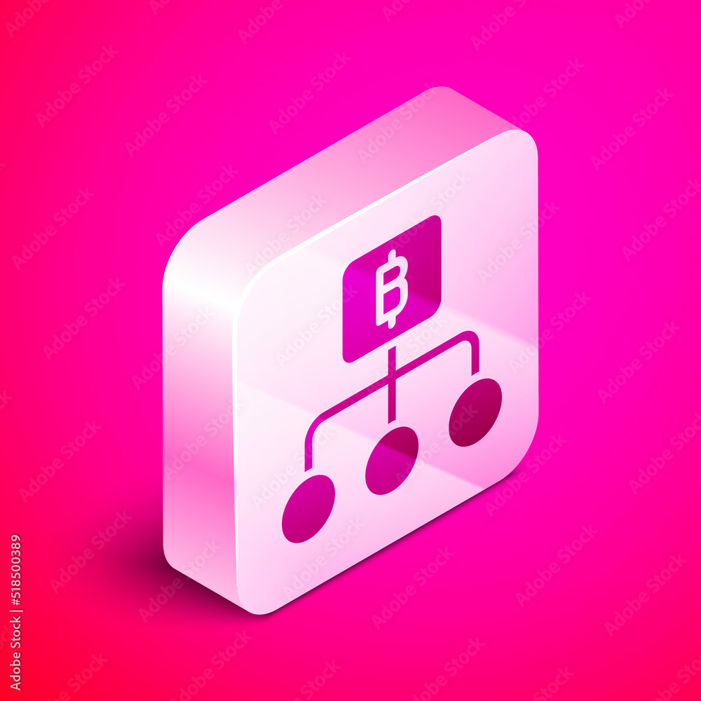 Poster isometric blockchain technology bitcoin icon isolated on pink background. abstract geometric block c