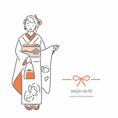 振袖を着た若い女性　シンプルでお洒落な線画イラスト