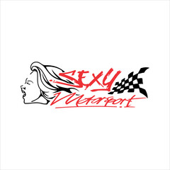 vector writing "sexy motor sport" decorated with line art of woman's face and flag