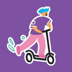 The guy on the scooter pushes off with his foot. Delivery boy. Urban, vector illustration, sticker, doodle, cartoon style. Electric scooter.