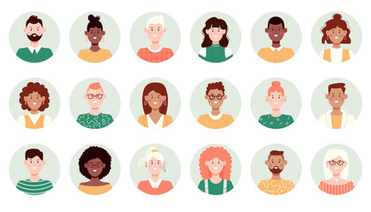 Set of circle face avatar. Collection of multiracial male and female portraits for profile icons.
