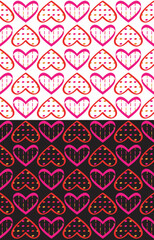 Obraz premium Geometrical pink hearts, festive seamless pattern. Bright colored grid, decorative doodle heart shapes. Transparent background. Vector