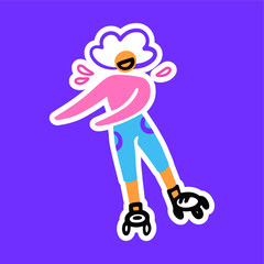 The girl is rollerblading. Active sport. Front view, roller skates. Urban, white stroke, vector illustration, sticker, doodle, cartoon style. 