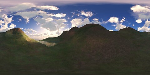 Mountain landscape, sunrise in the mountains,  HDRI, environment map , Round panorama, spherical panorama, equidistant projection, panorama 360, 3d rendering