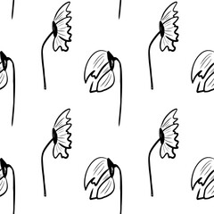 Pattern with flowers in black and white colors. Minimalistic. 