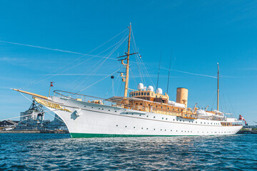 Royal Yacht Dannebrog, old ship of the Danish Queen in the harbour, serves as the official and private residence for the Queen and other members of the Royal Family