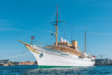 Royal Yacht Dannebrog, old ship of the Danish Queen in the harbour, serves as the official and private residence for the Queen and other members of the Royal Family - obrazy, fototapety, plakaty