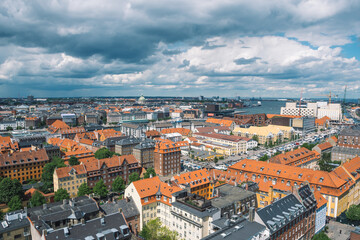 Fototapeta na wymiar Panoramic or aerial view of Copenhagen, Denmark with buildings and harbour 