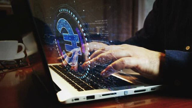 Euro stablecoin currency business and digital money symbol and man typing computer keyboard. Hands on laptop. Network, cyber technology and background abstract concept.