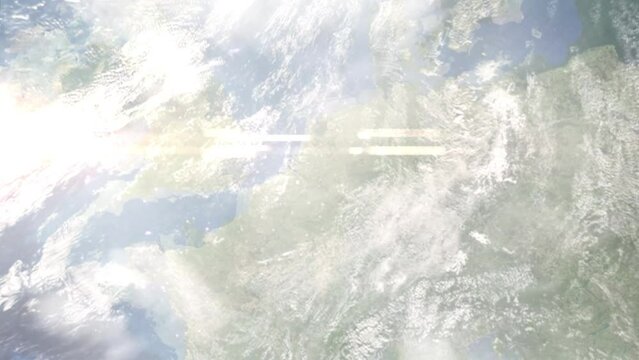 Earth zoom in from outer space to city. Zooming on Lommel, Belgium. The animation continues by zoom out through clouds and atmosphere into space. Images from NASA