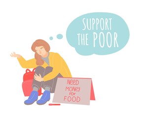 Begging girl. Support the poor. Vector illustration