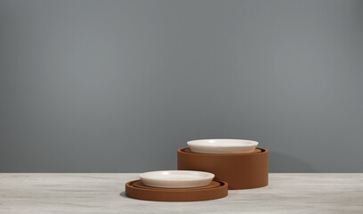 3D drink podium background with 2 white plate. Perfect for showing  beverage product. Industrial colour tone theme. -3D rendering