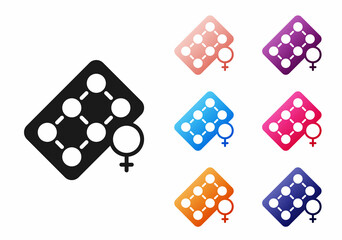 Black Packaging of birth control pills icon isolated on white background. Contraceptive pill. Set icons colorful. Vector