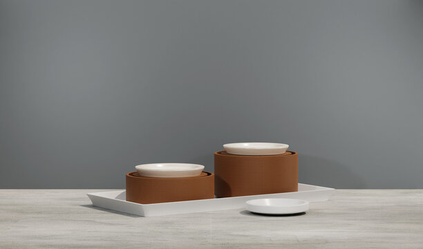 3D drink menu background podium with 3 white plate. Perfect for showing fresh beverage product. Industrial colour tone. -3D rendering