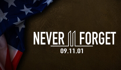 Fototapeta na wymiar Patriot day typographic emblem. 9-11 logo, We Will Never Forget. illustration. 11 september. Design for postcard, flyer, poster, banner or t-shirt.