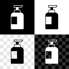 Set Bottle of shampoo icon isolated on black and white, transparent background. Vector