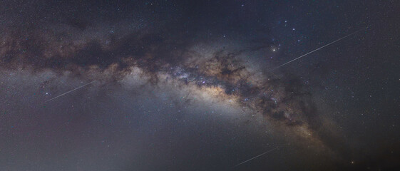Blue panorama, night sky, milky way, meteor, stars on dark background with noise and photo...