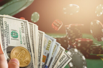 Classic playing cards, chips, red dice, bitcoin and dollars on green background. Gambling and casino concept. - obrazy, fototapety, plakaty